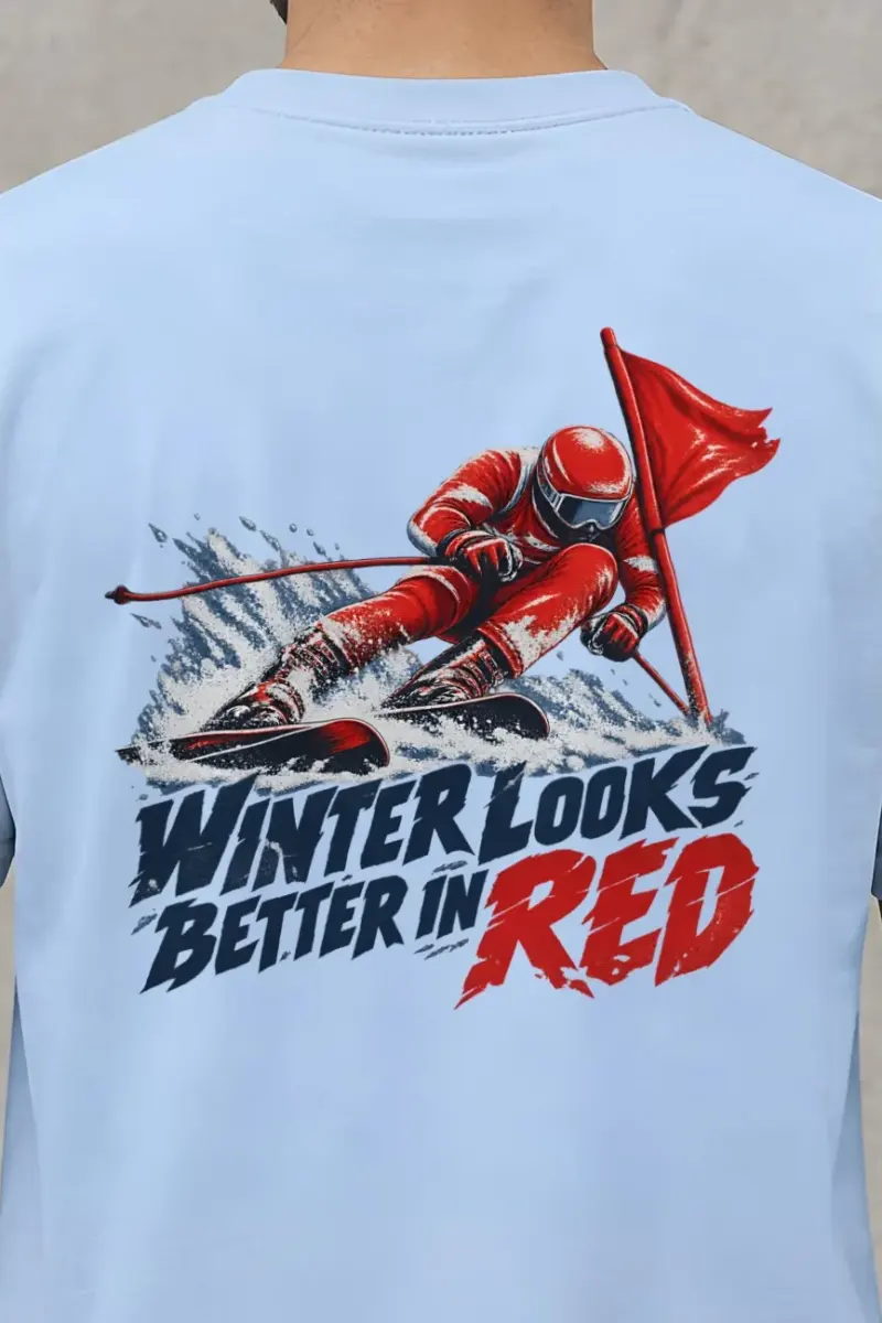 "Winter Looks Better in Red" Heavyweight Unisex Crewneck T-shirt - the graphic up close