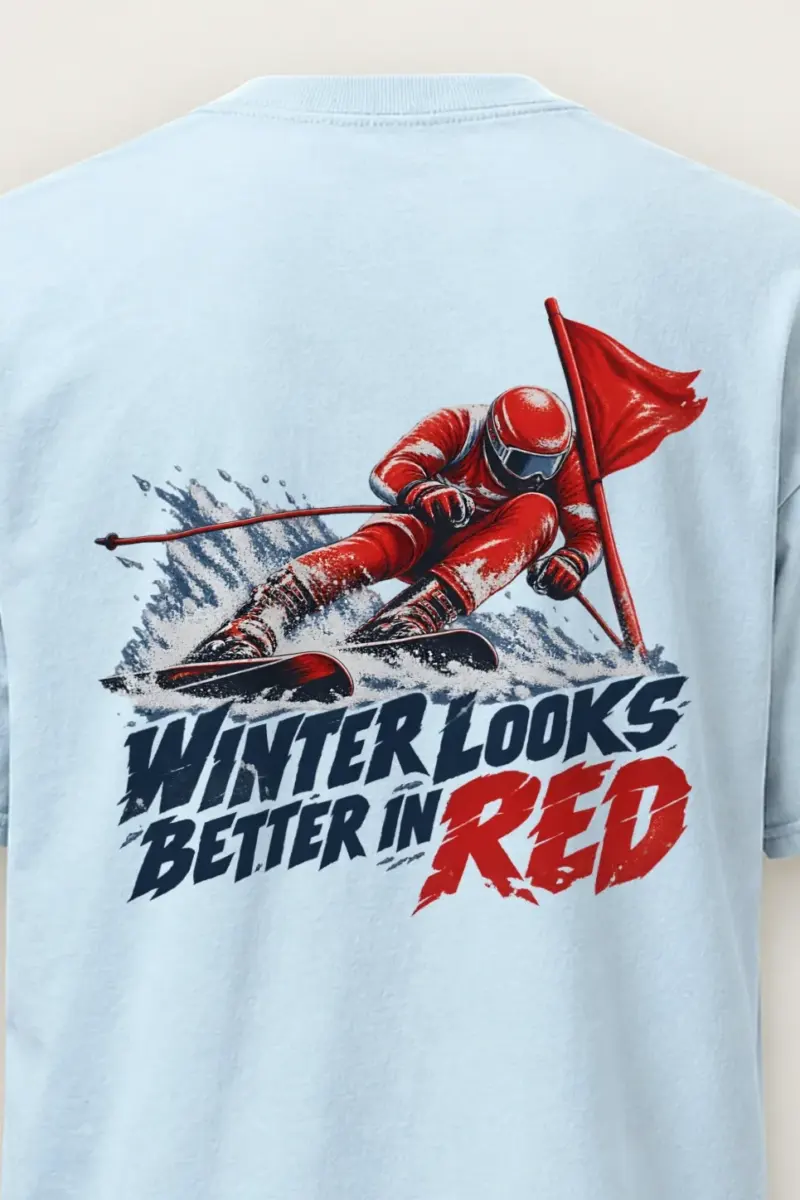 "Winter Looks Better in Red" Heavyweight Unisex Crewneck T-shirt - the graphic up close