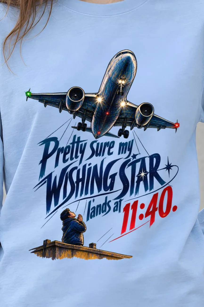"Wishing Star Lands at 11:40" Unisex Longsleeve T-shirt - the graphic up close