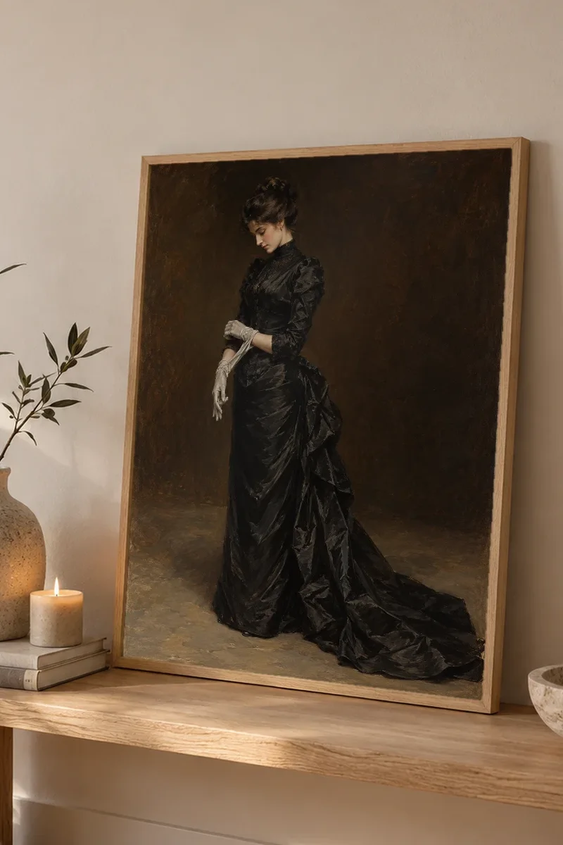 "Woman In Black Gown" Premium Wooden Framed Poster - the graphic up close