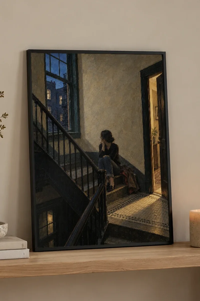 "Woman on the Stairwell at Dusk" Premium Wooden Framed Poster - the graphic up close