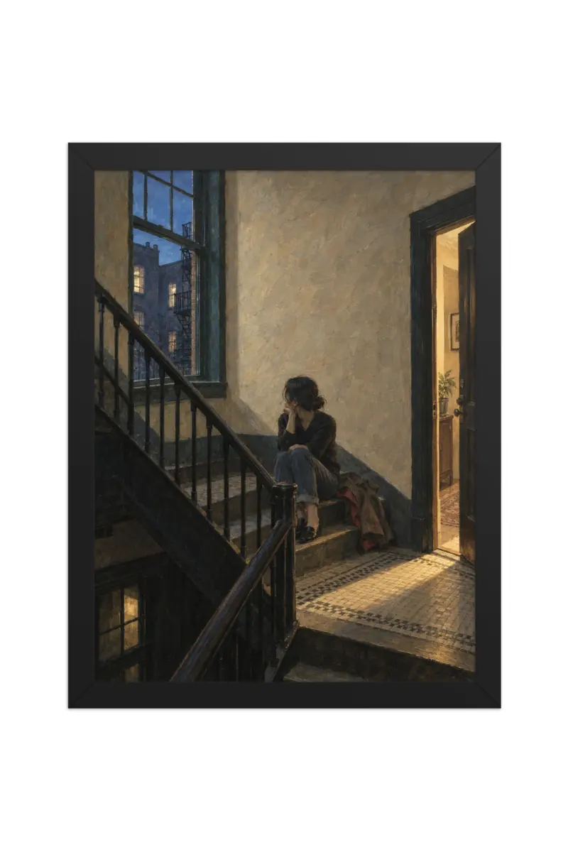 “Woman on the Stairwell at Dusk” Premium Wooden Framed Poster