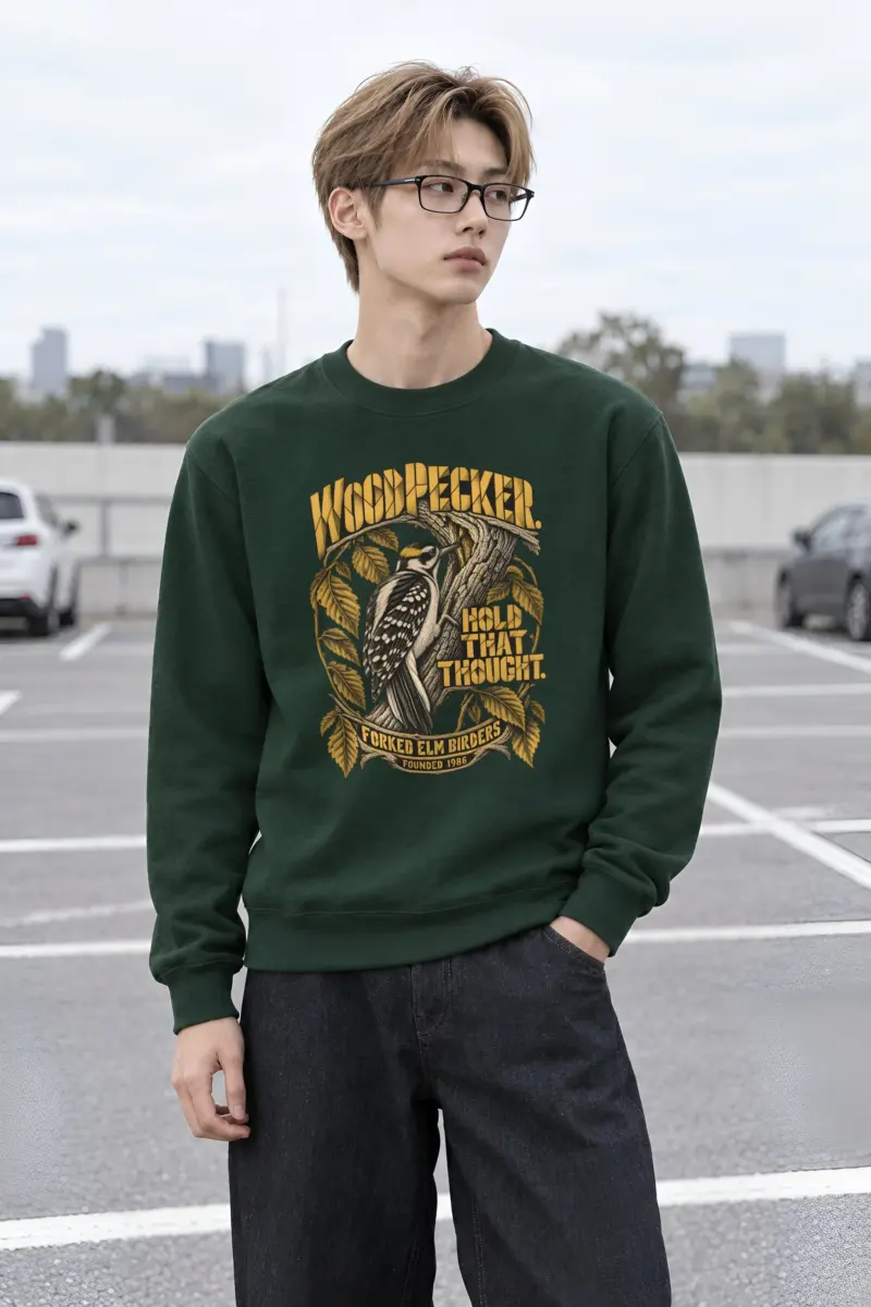 "Woodpecker. Hold That Thought." Heavy Blend Unisex Crewneck Sweatshirt