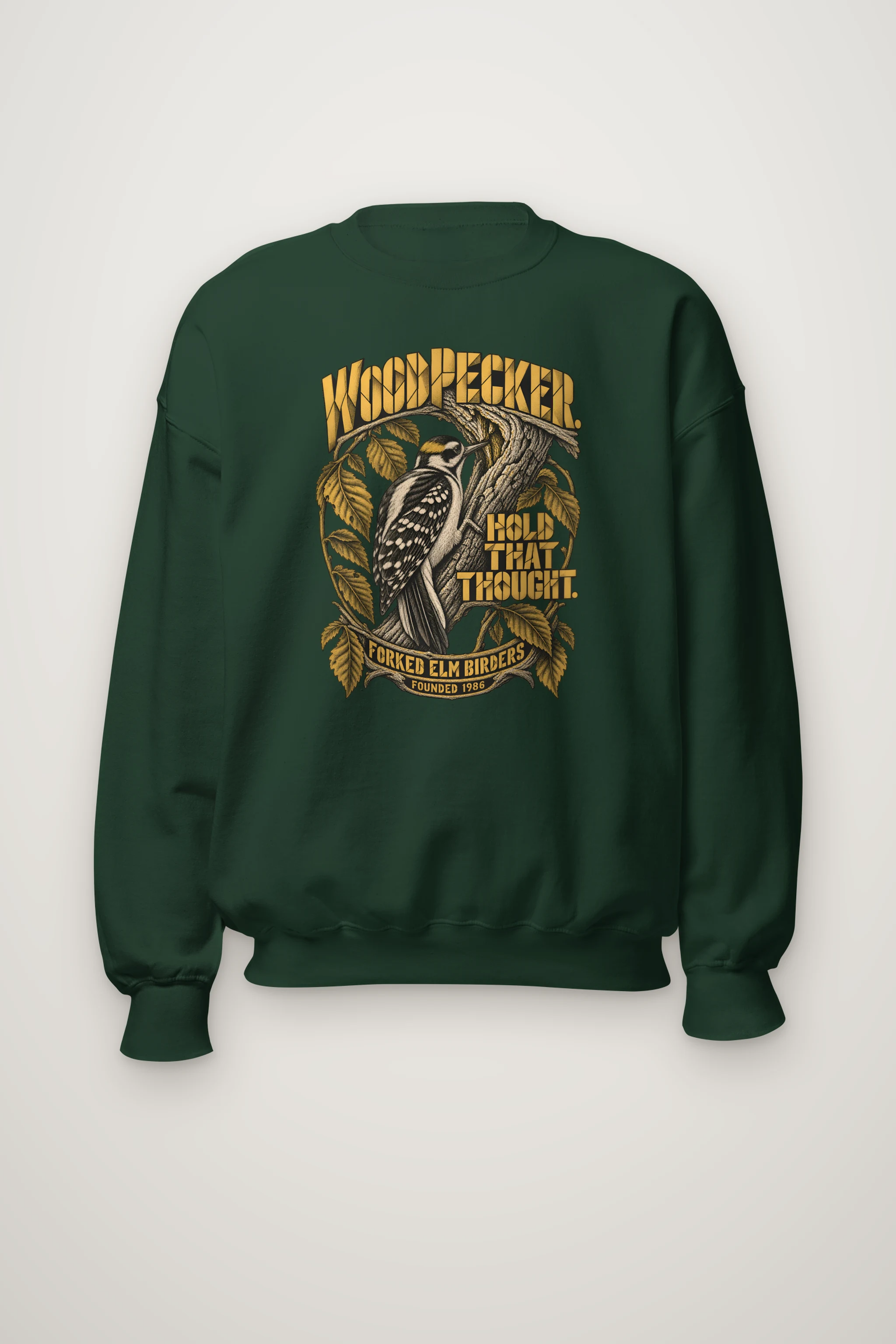 "Woodpecker. Hold That Thought." Heavy Blend Unisex Crewneck Sweatshirt