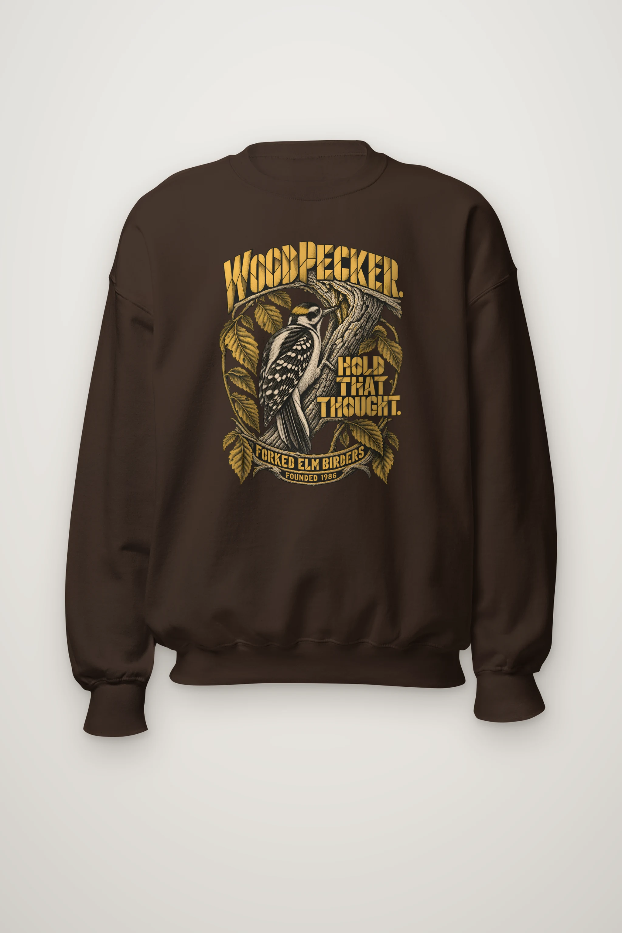 "Woodpecker. Hold That Thought." Heavy Blend Unisex Crewneck Sweatshirt