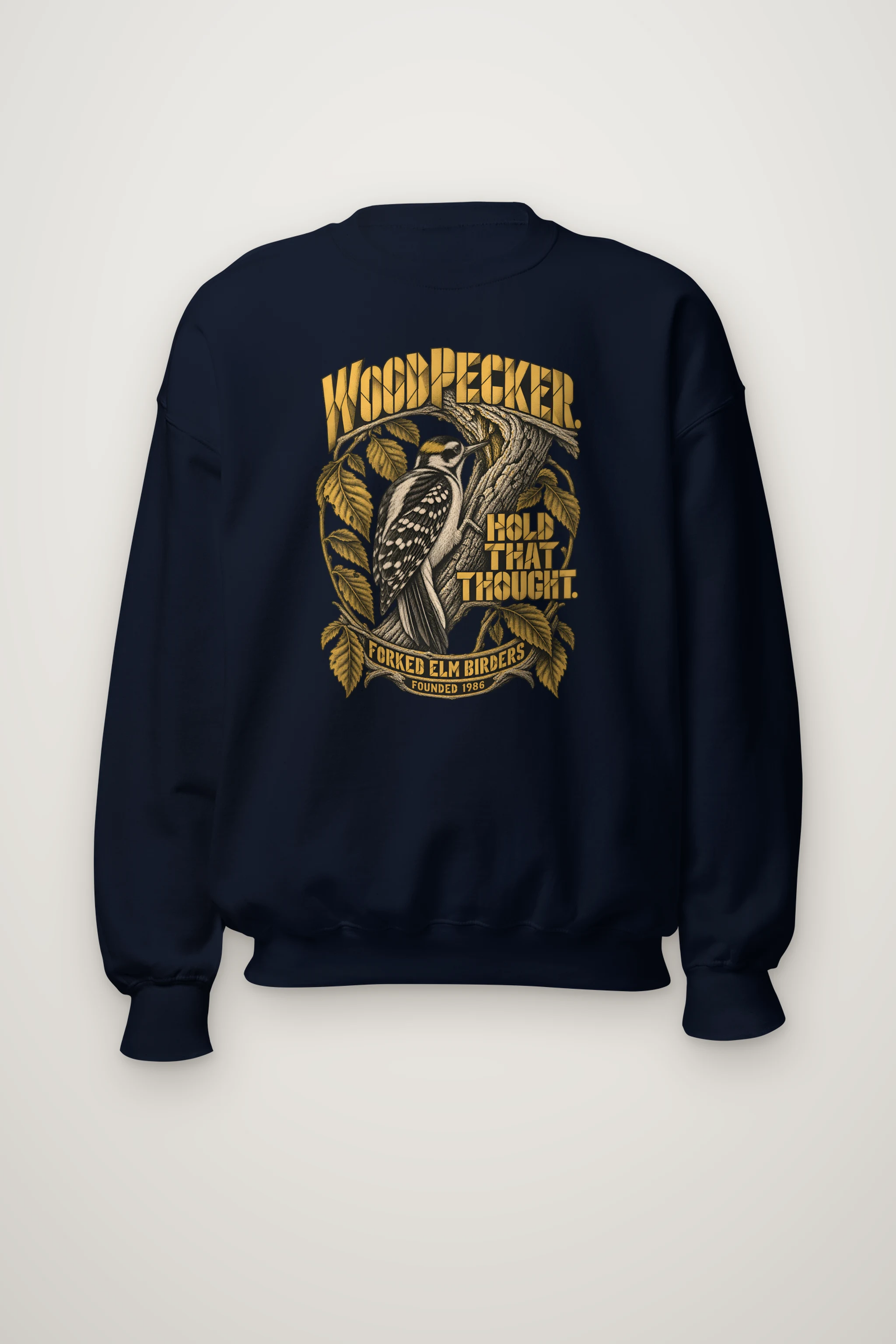 "Woodpecker. Hold That Thought." Heavy Blend Unisex Crewneck Sweatshirt