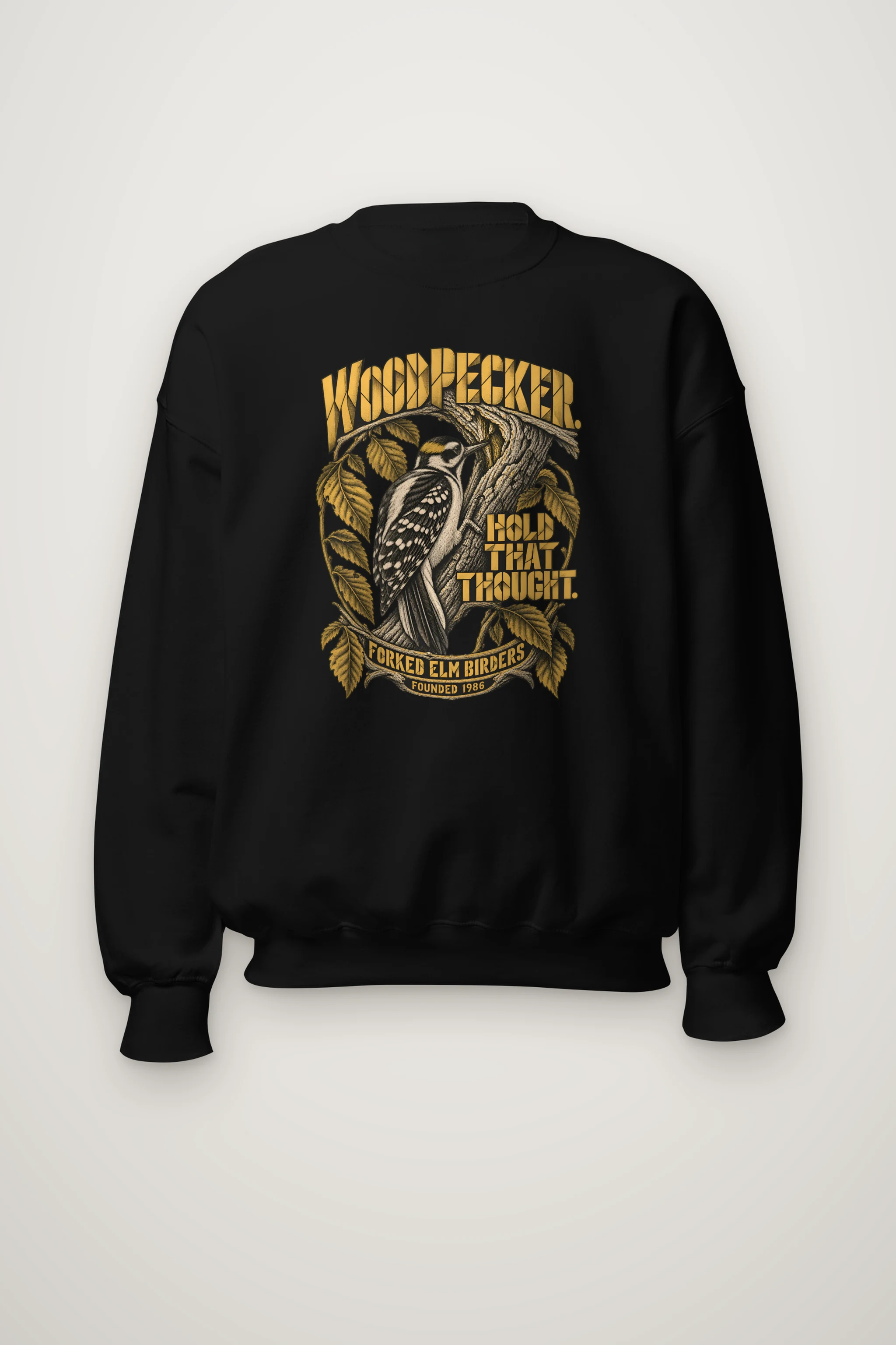"Woodpecker. Hold That Thought." Heavy Blend Unisex Crewneck Sweatshirt