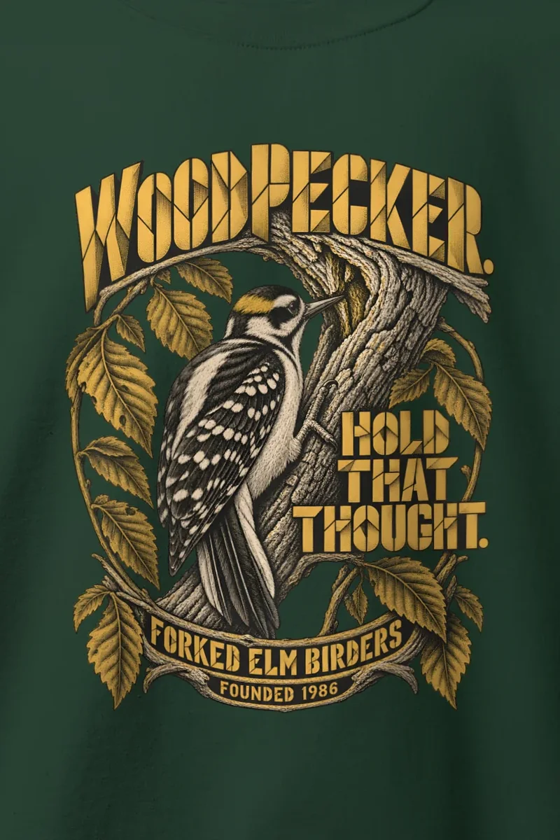 "Woodpecker. Hold That Thought." Heavy Blend Unisex Crewneck Sweatshirt - the graphic up close