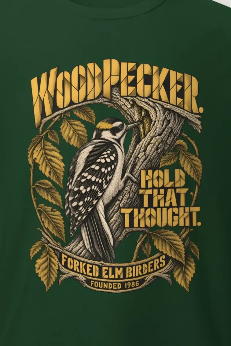 "Woodpecker Hold That Thought" Heavyweight Unisex Crewneck T-shirt - the graphic up close
