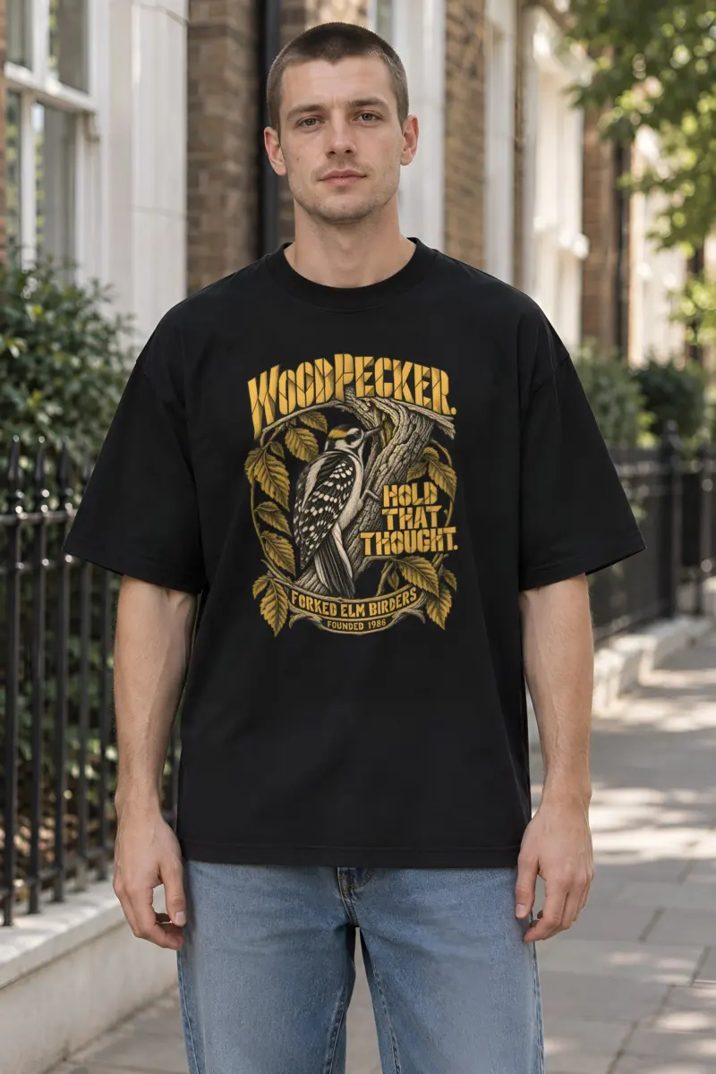 "Woodpecker Hold That Thought" Unisex Oversized Heavyweight Crewneck T-Shirt