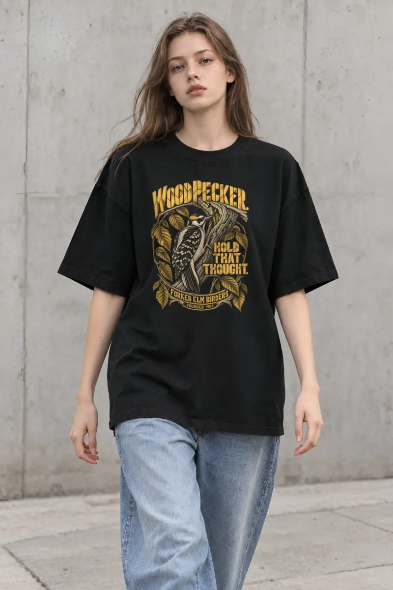 "Woodpecker Hold That Thought" Unisex Oversized Heavyweight Crewneck T-Shirt