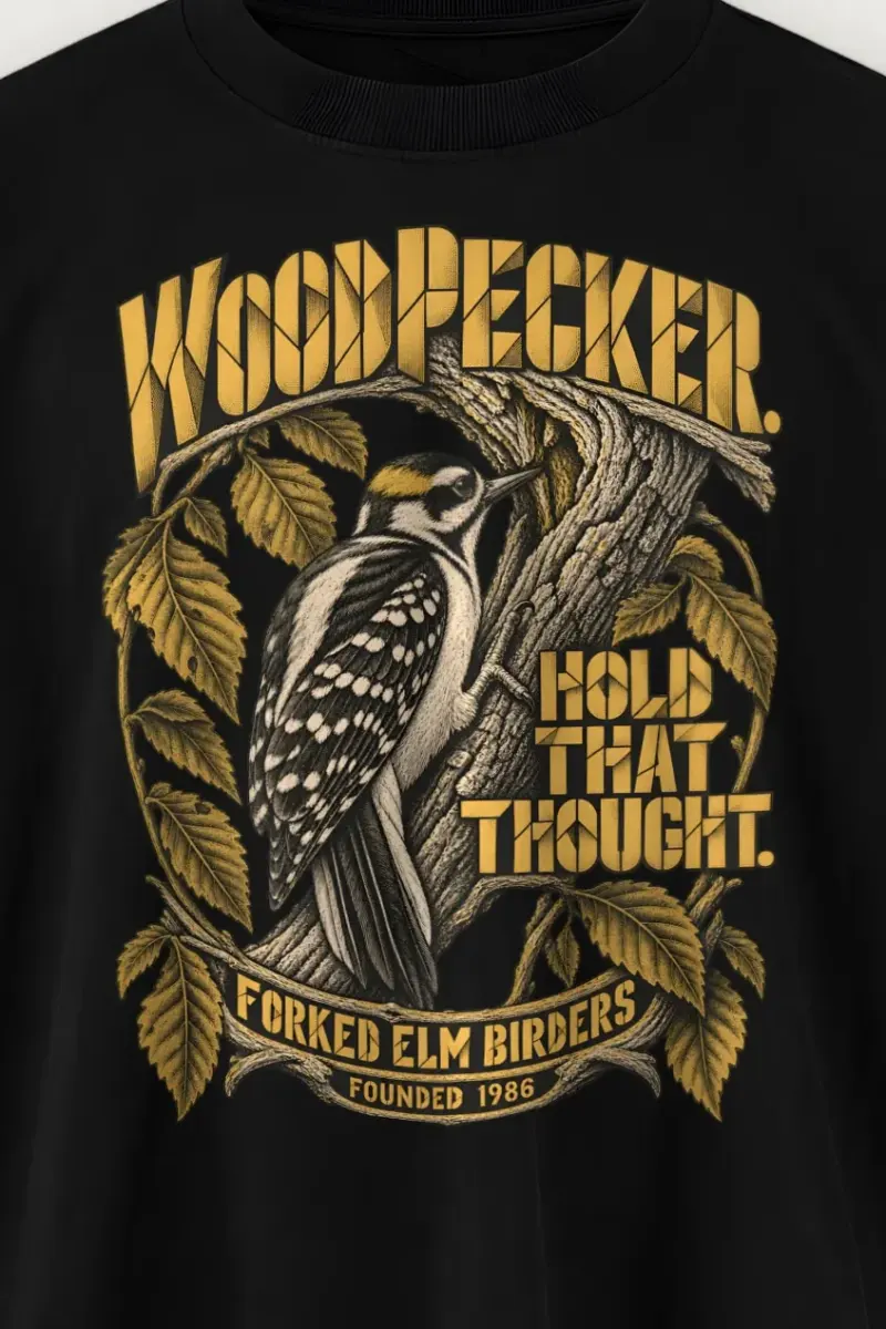 "Woodpecker Hold That Thought" Men’s Oversized Heavyweight Crewneck T-Shirt - the graphic up close