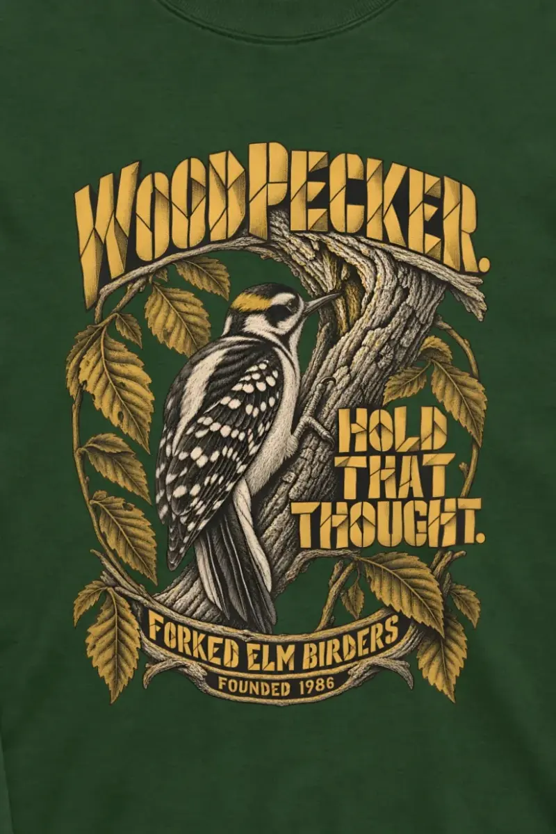 "WOODPECKER. HOLD THAT THOUGHT." Unisex Longsleeve T-shirt - the graphic up close