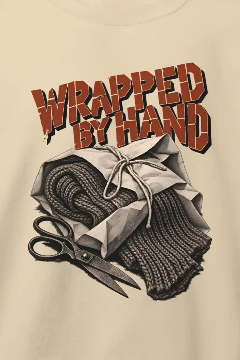 "Wrapped by Hand" Heavy Blend Unisex Crewneck Sweatshirt - the graphic up close