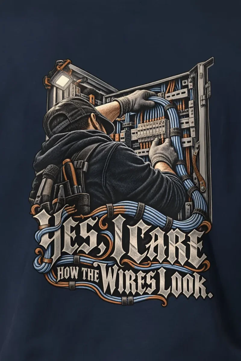 "Yes, I Care How the Wires Look" Heavyweight Unisex Crewneck T-shirt - the graphic up close