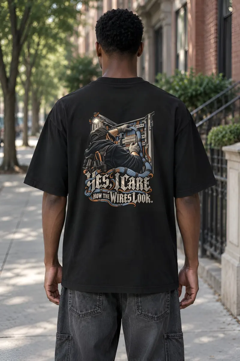 “Yes, I Care How the Wires Look” Men’s Oversized Heavyweight Crewneck T-Shirt