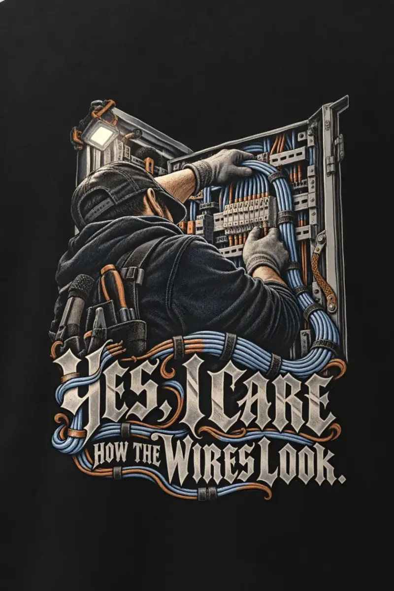 "Yes, I Care How the Wires Look" Men’s Oversized Heavyweight Crewneck T-Shirt - the graphic up close