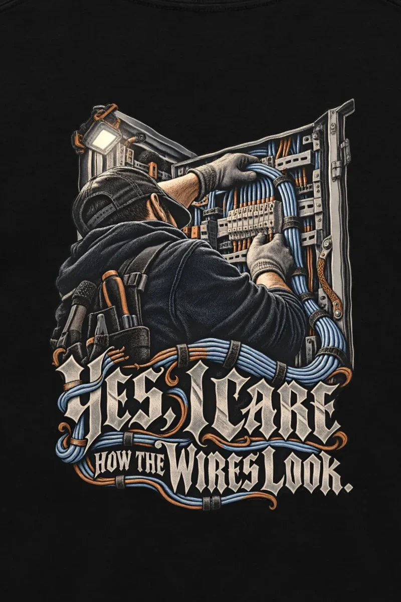 "Yes, I Care How the Wires Look" Unisex Longsleeve T-shirt - the graphic up close