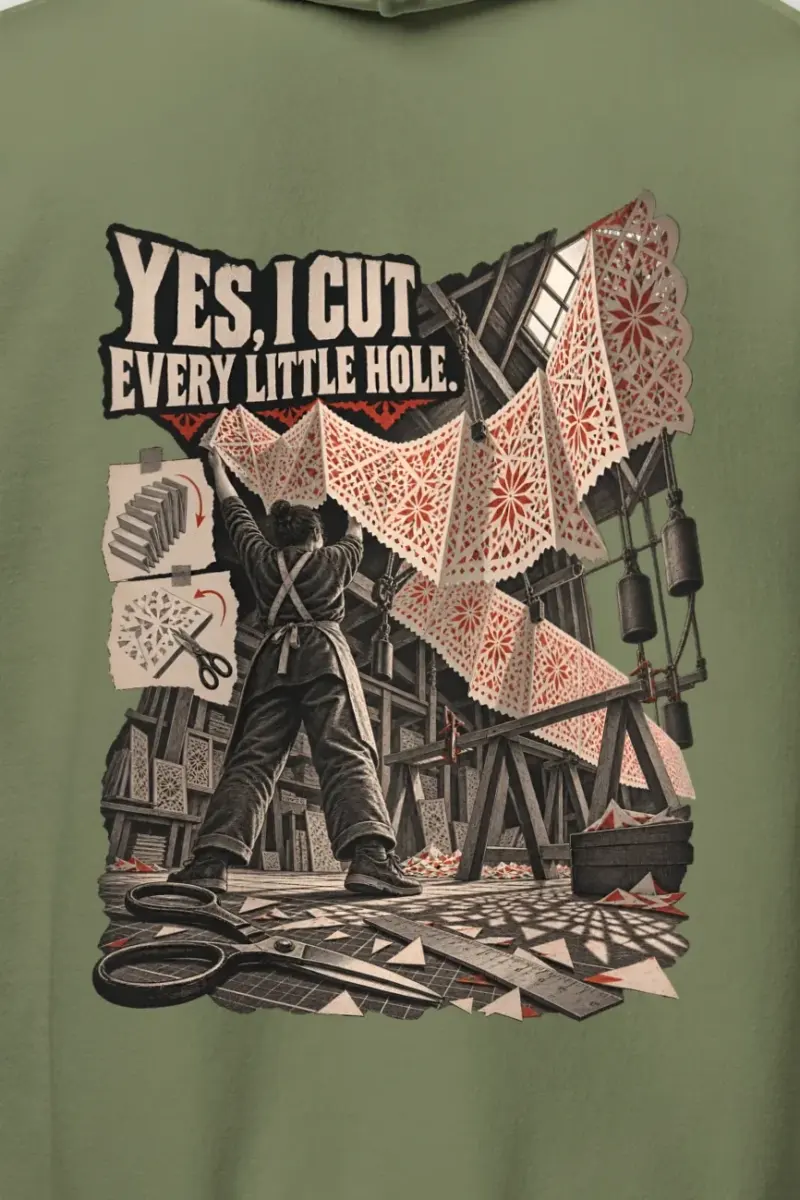 "Yes, I Cut Every Little Hole" Heavy Blend Unisex Pullover Hoodie - the graphic up close
