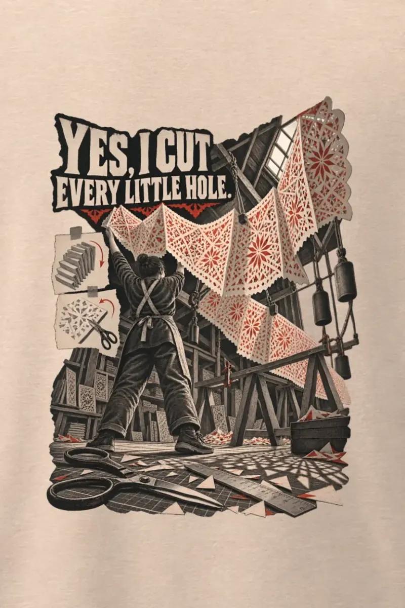 "Yes, I Cut Every Little Hole" Men’s Oversized Heavyweight Crewneck T-Shirt - the graphic up close