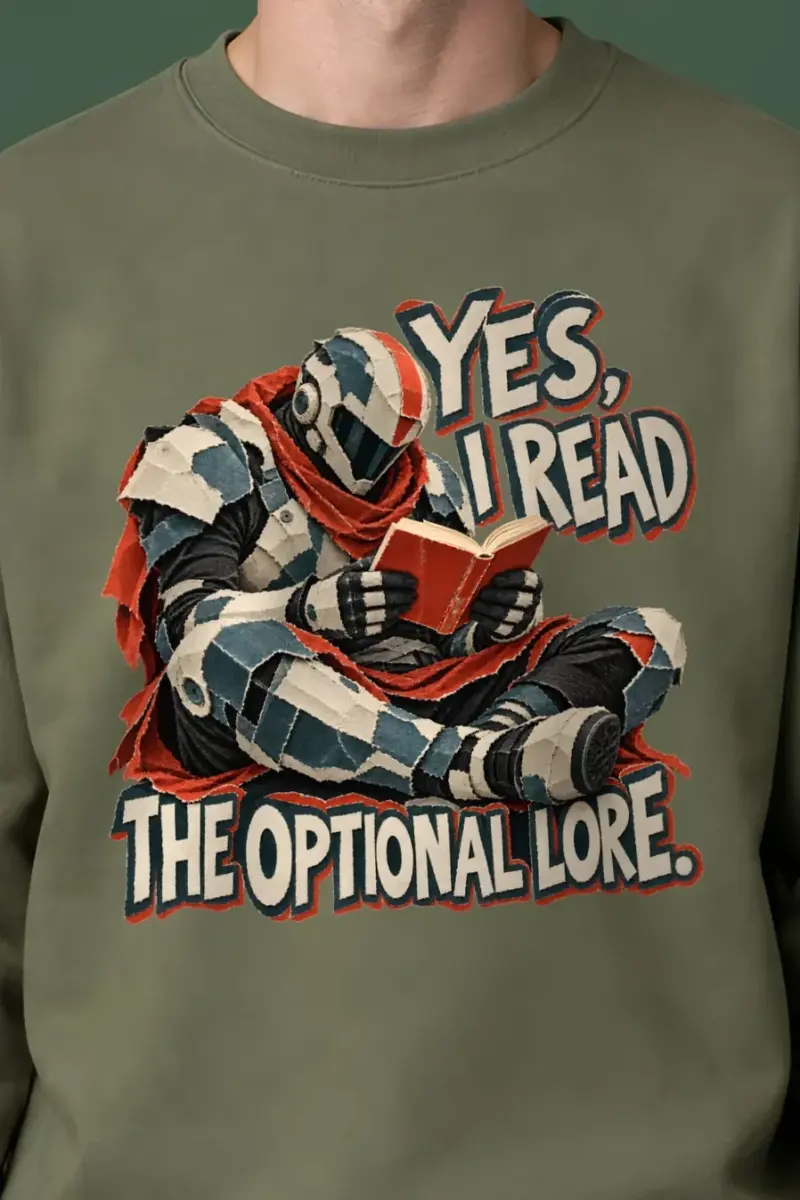 "Yes, I Read the Optional Lore" Heavy Blend Unisex Crewneck Sweatshirt - the graphic up close
