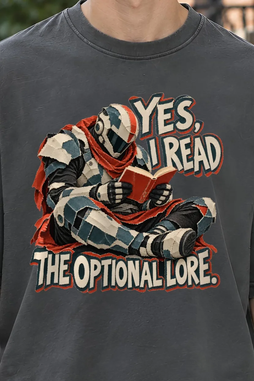 "Yes, I Read the Optional Lore" Men’s Oversized Heavyweight Crewneck T-Shirt - the graphic up close