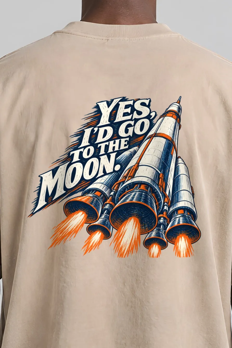 "Yes, I’d Go to the Moon" Men’s Oversized Heavyweight Crewneck T-Shirt - the graphic up close