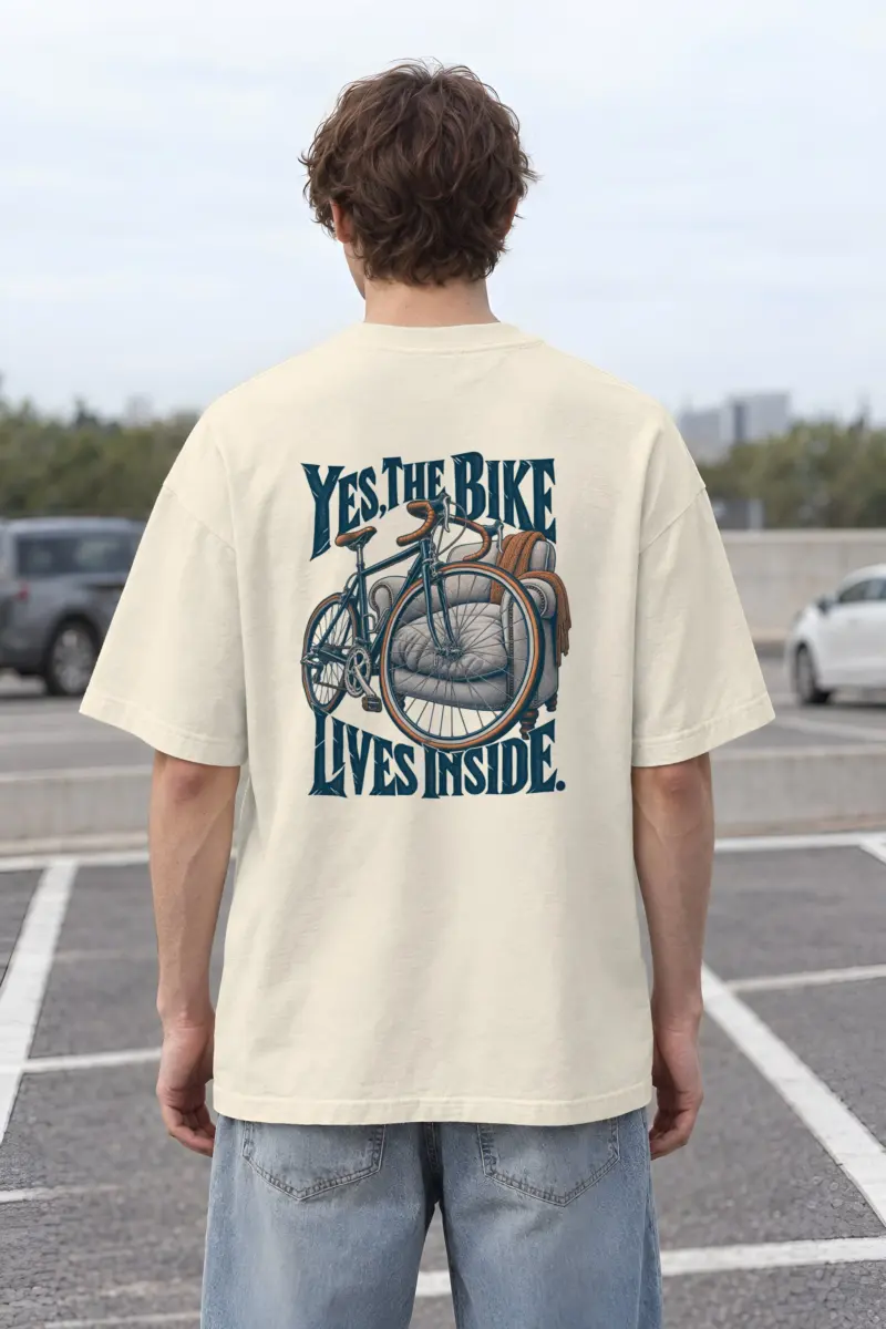 "Yes, The Bike Lives Inside" Men's Oversized Heavyweight Crewneck T-Shirt