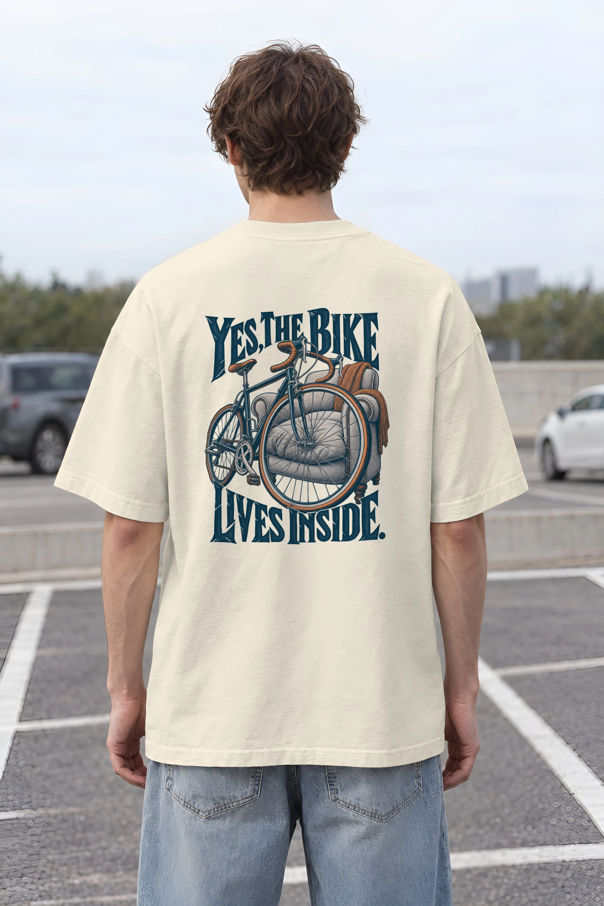 "Yes, The Bike Lives Inside" Men's Oversized Heavyweight Crewneck T-Shirt