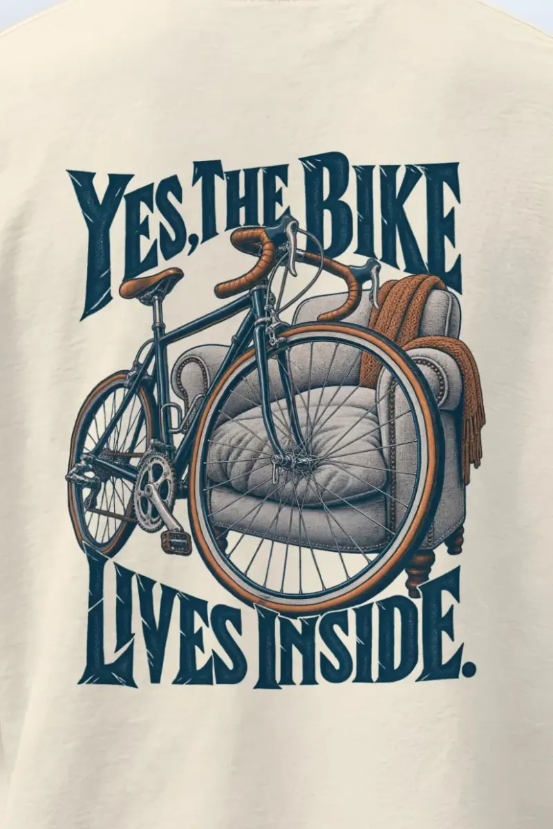 "Yes, The Bike Lives Inside" Men’s Oversized Heavyweight Crewneck T-Shirt - the graphic up close