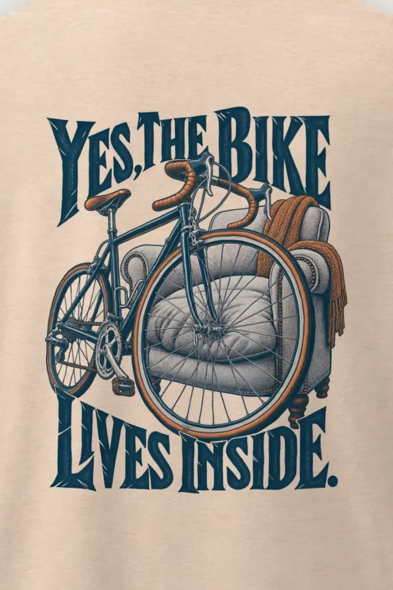 "Yes, The Bike Lives Inside" Men’s Oversized Heavyweight Crewneck T-Shirt - the graphic up close