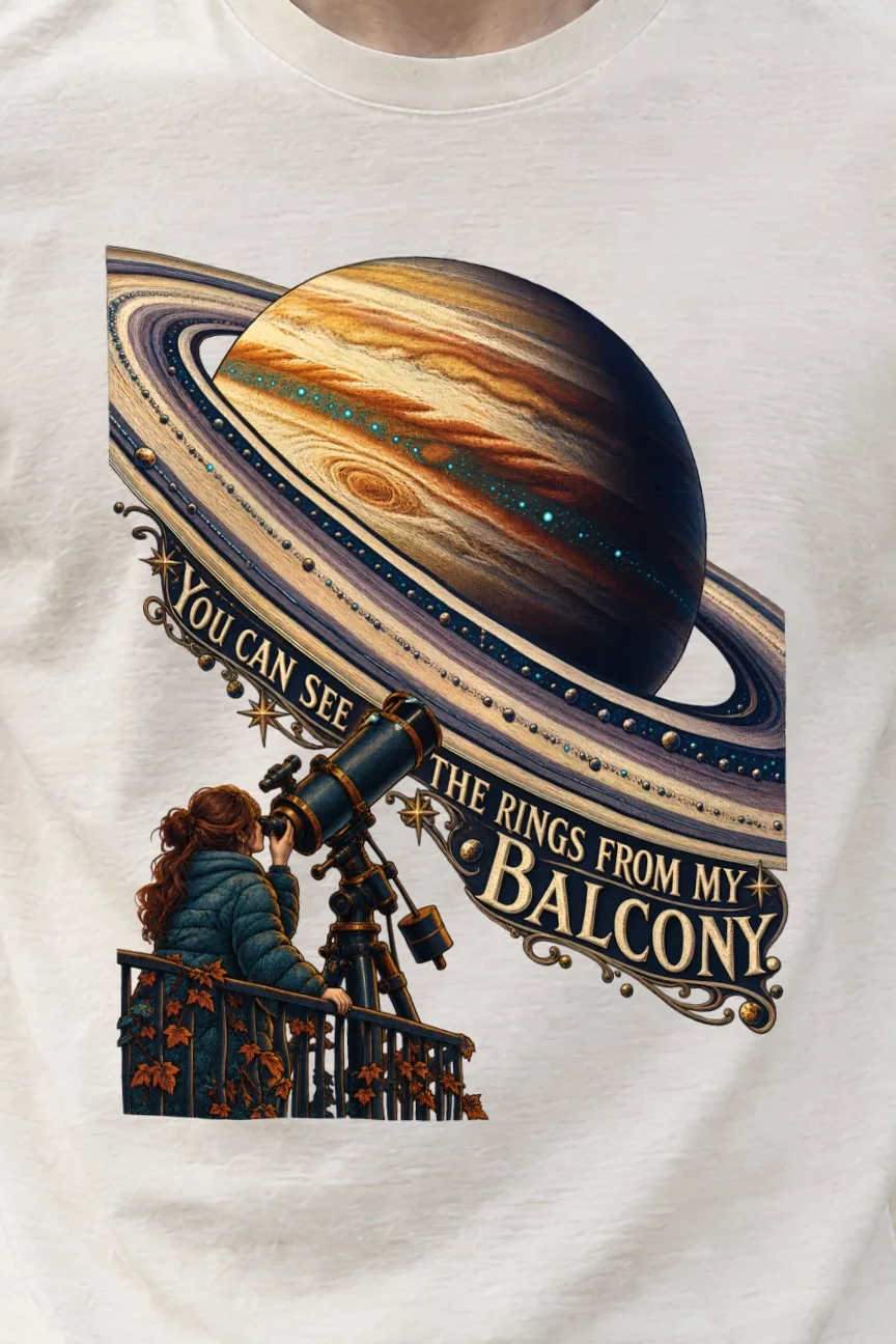 "You Can See The Rings From My Balcony" Heavyweight Unisex Crewneck T-shirt - the graphic up close