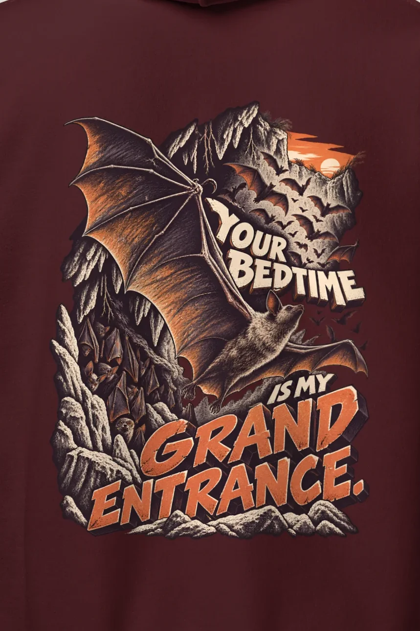 "Your Bedtime Is My Grand Entrance" Heavy Blend Unisex Pullover Hoodie - the graphic up close