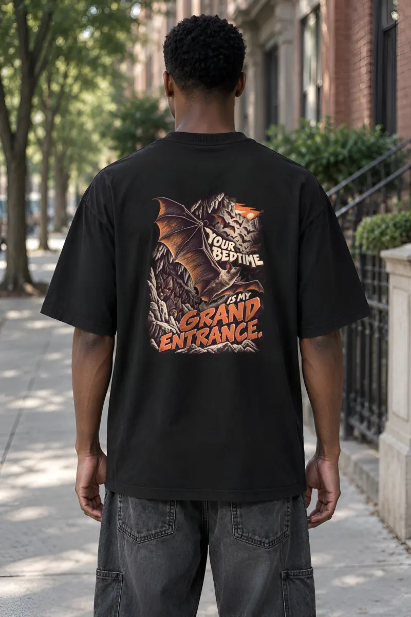 “Your Bedtime Is My Grand Entrance” Men’s Oversized Heavyweight Crewneck T-Shirt