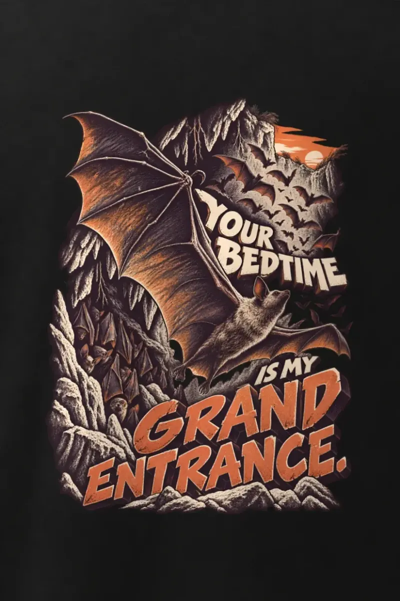 "Your Bedtime Is My Grand Entrance" Men’s Oversized Heavyweight Crewneck T-Shirt - the graphic up close