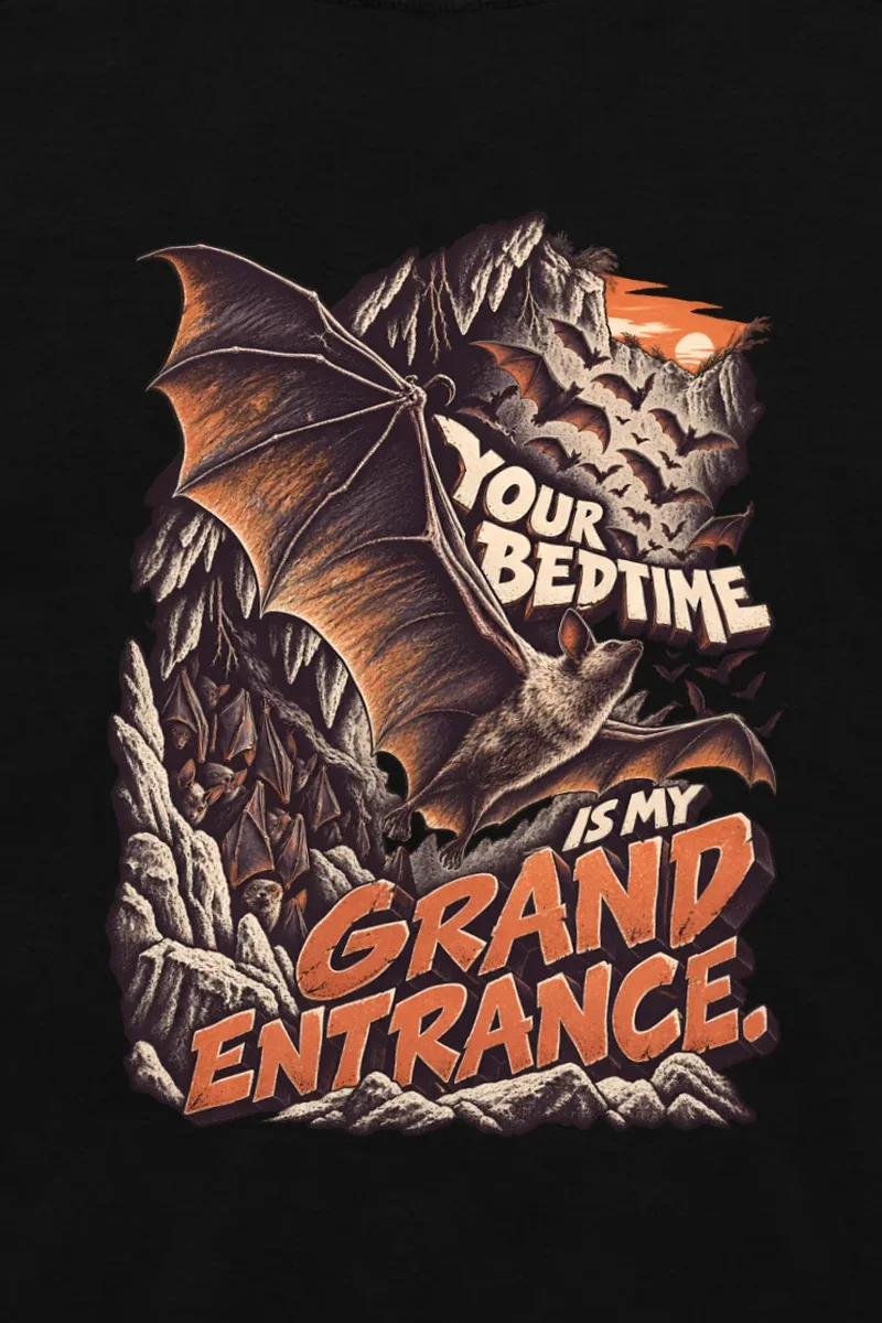 "Your Bedtime Is My Grand Entrance" Unisex Longsleeve T-shirt - the graphic up close