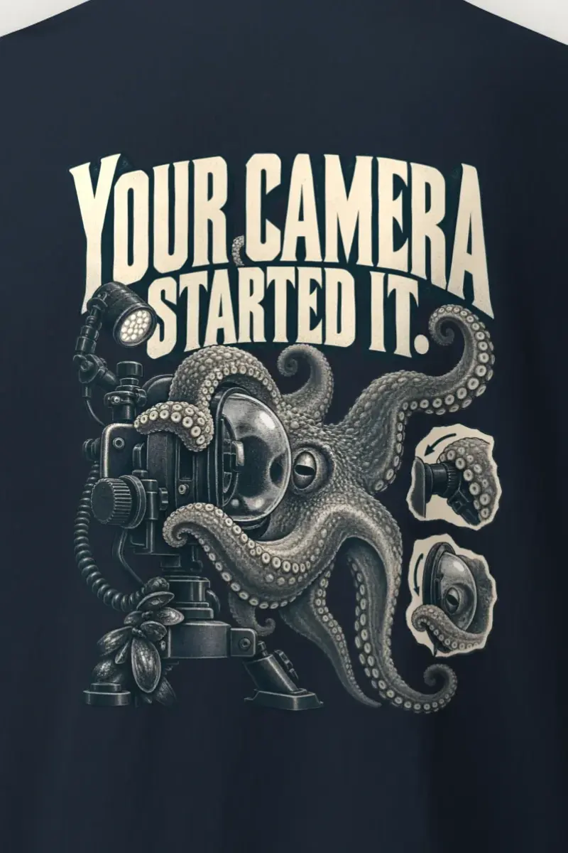 "Your Camera Started It" Heavyweight Unisex Crewneck T-shirt - the graphic up close