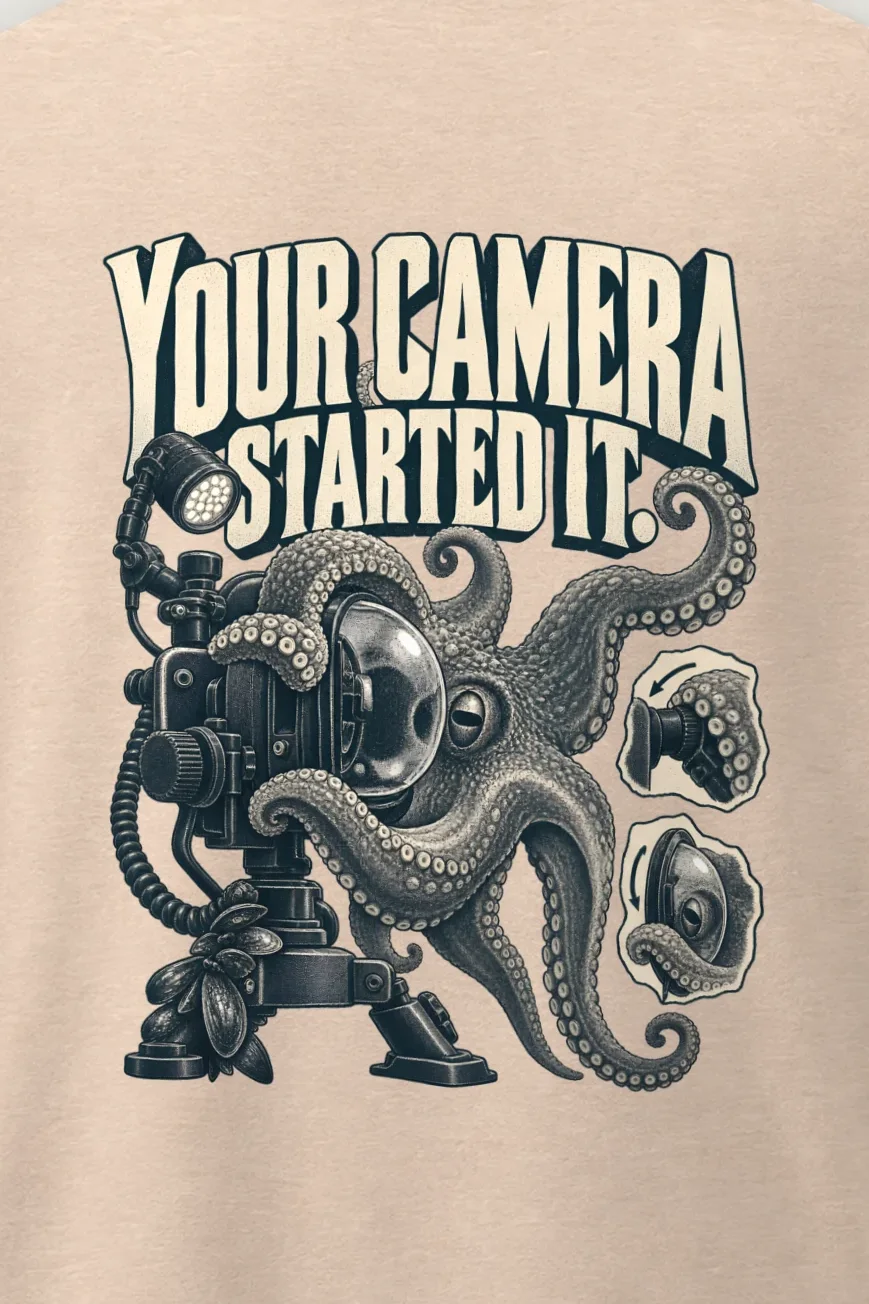 "Your Camera Started It" Men’s Oversized Heavyweight Crewneck T-Shirt - the graphic up close