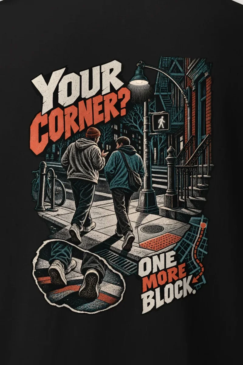 "Your Corner? One More Block" Heavyweight Unisex Crewneck T-shirt - the graphic up close