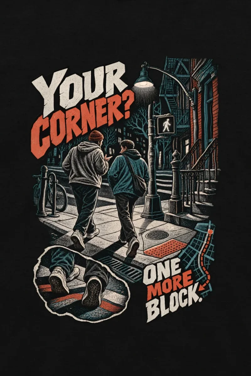 "Your Corner? One More Block" Unisex Longsleeve T-shirt - the graphic up close