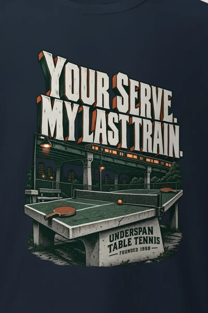 "Your Serve. My Last Train." Heavyweight Unisex Crewneck T-shirt - the graphic up close