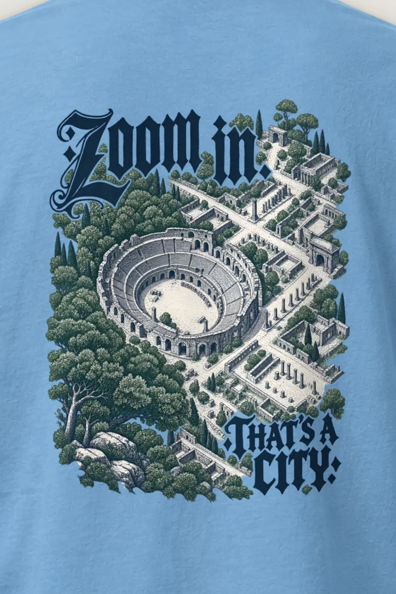 "Zoom In, That’s a City" Heavyweight Unisex Crewneck T-shirt - the graphic up close